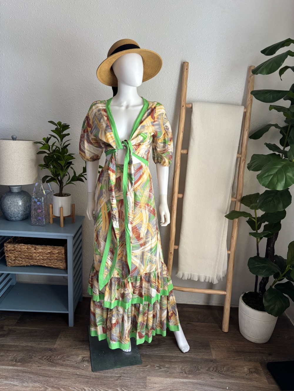 L'ATISTE Multi-Color Maxi Dress with Bright Green Trim